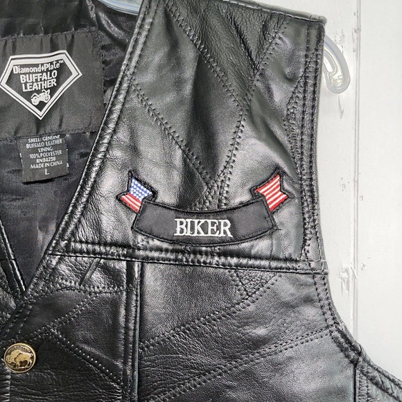 Diamond Plate Buffalo Leather Retro Black Biker Patch Motorcycle Vest Mens Sz L - Picture 3 of 16